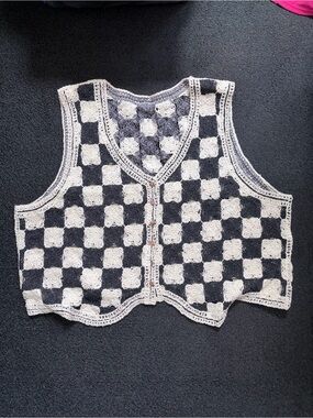 Crochet Checkerboard Button Vest - Black & Cream